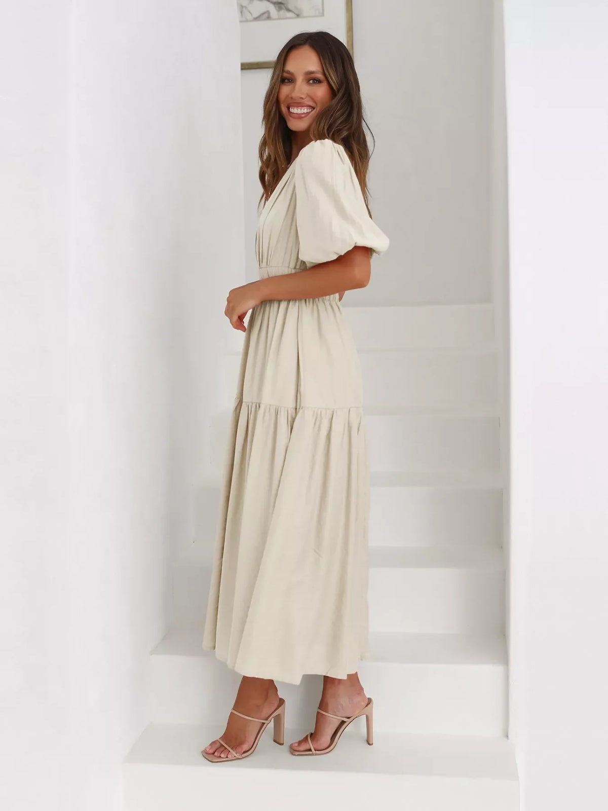 Tiered Puff Sleeve Midi Dress