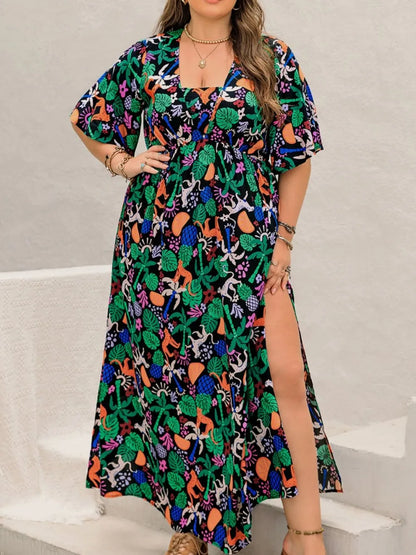 Plus Size Printed Maxi Split Dress