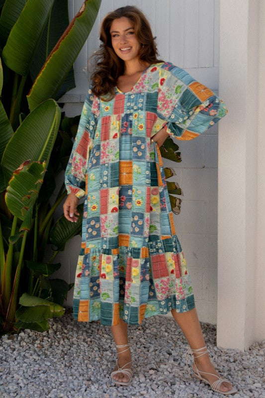 Floral Patchwork Long Sleeve Ruffle Hem Midi Dress