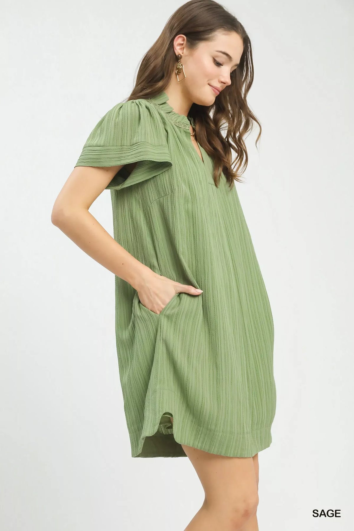 Umgee Flutter Sleeve V-Neck Shift Dress