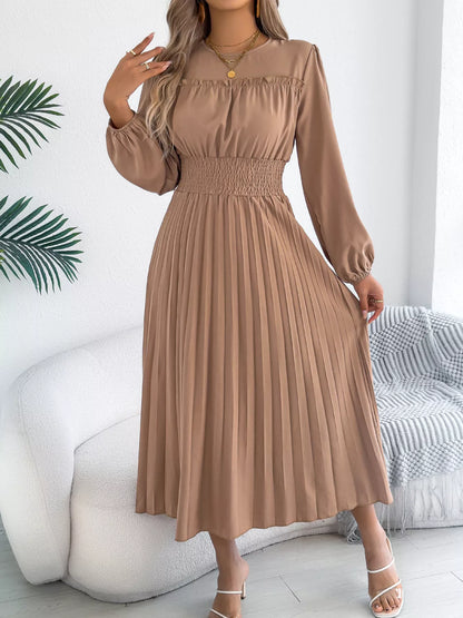 Smocked Pleated Long Sleeve Midi Dress