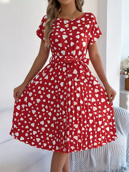 Heart Print Belted Pleated Midi Dress