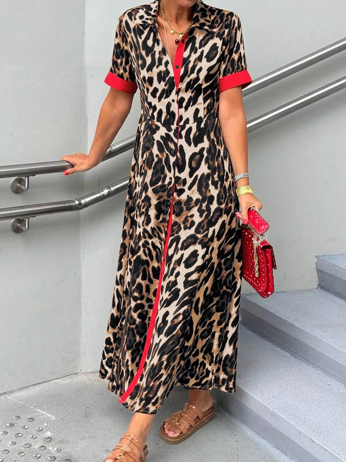 Leopard Print Button-Down Dress with Contrast Trim