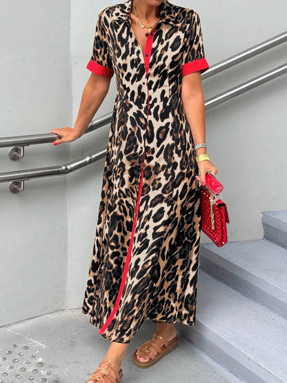 Leopard Print Button-Down Dress with Contrast Trim