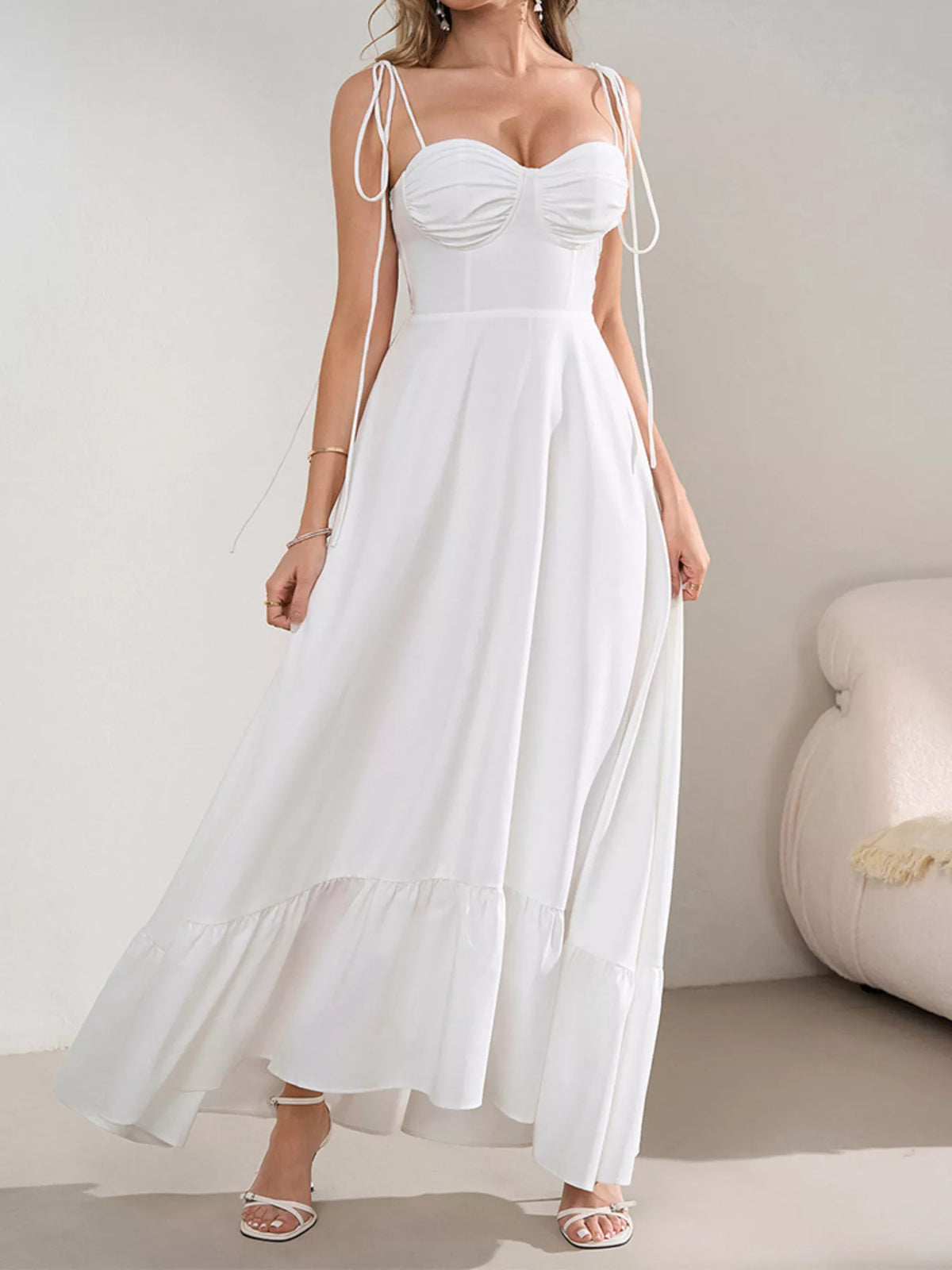 Sweetheart Neck Tie-Strap Ruffle Hem Maxi Dress
