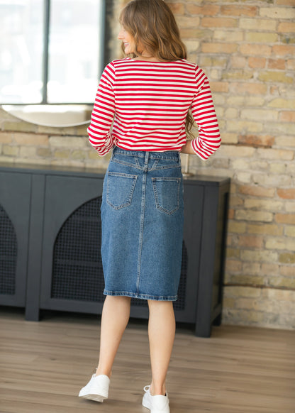 Front Yoke High-Rise Denim Midi Skirt - FINAL SALE