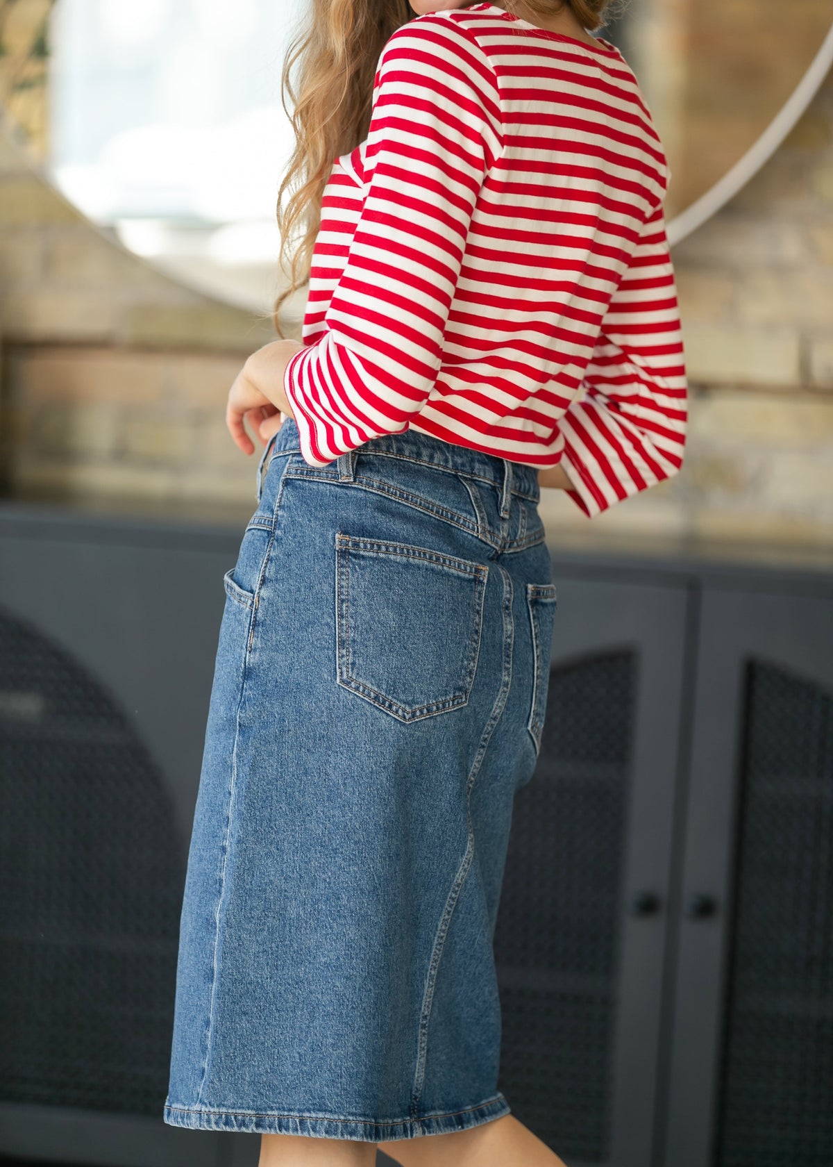 Front Yoke High-Rise Denim Midi Skirt - FINAL SALE