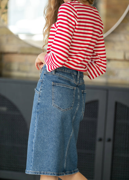 Front Yoke High-Rise Denim Midi Skirt - FINAL SALE
