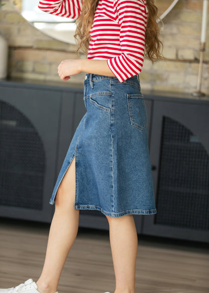 Front Yoke High-Rise Denim Midi Skirt - FINAL SALE