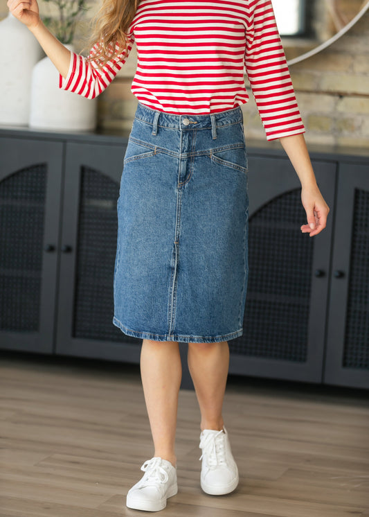 Front Yoke High-Rise Denim Midi Skirt - FINAL SALE