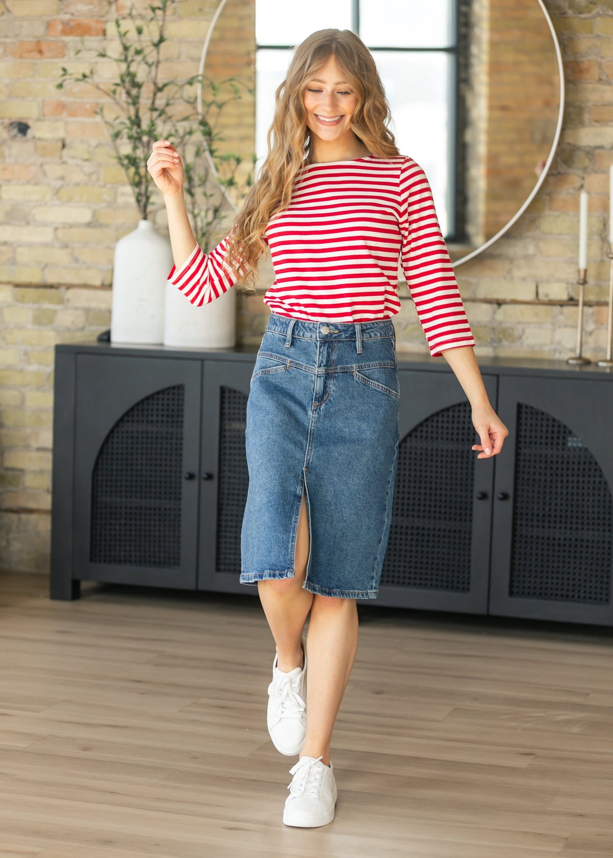 Front Yoke High-Rise Denim Midi Skirt - FINAL SALE
