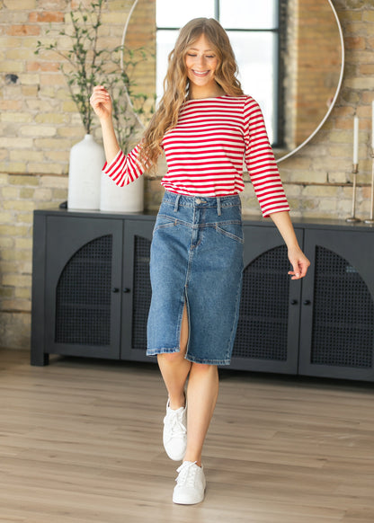 Front Yoke High-Rise Denim Midi Skirt - FINAL SALE