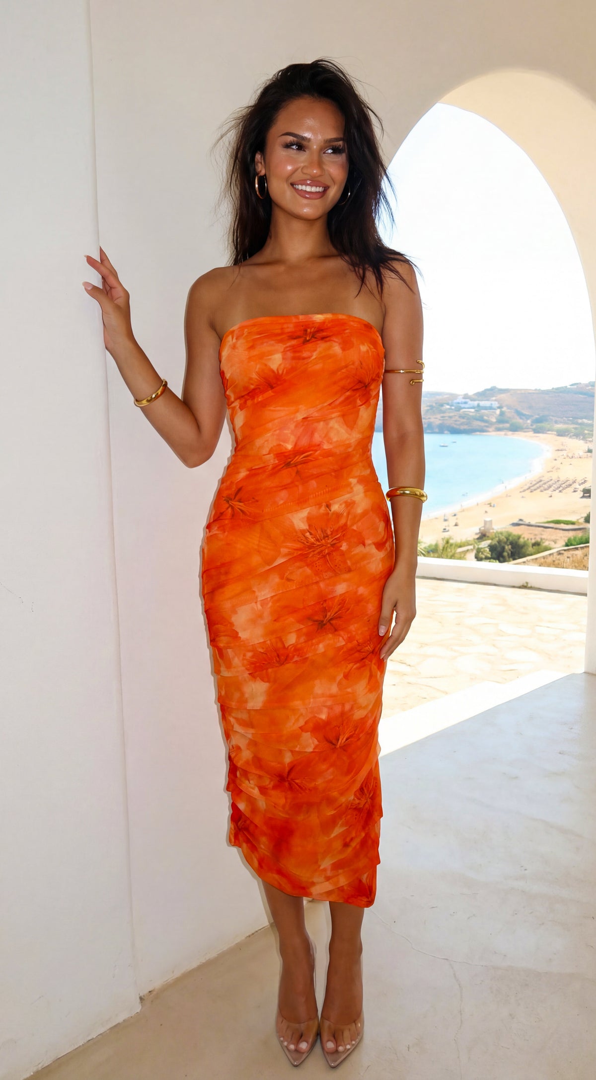 Pyralia Floral Ruched Tube Midi Dress - Orange