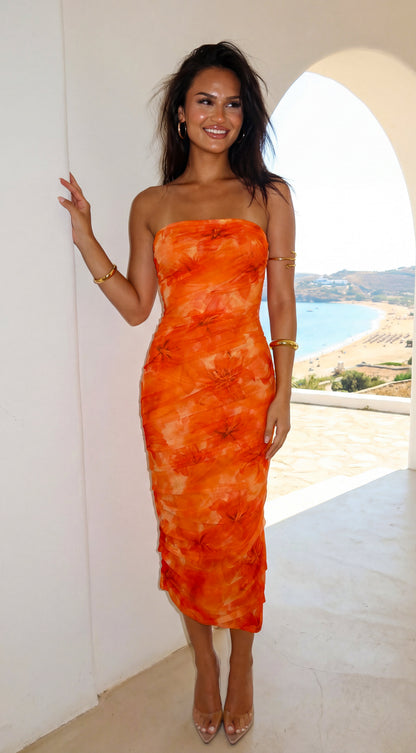 Pyralia Floral Ruched Tube Midi Dress - Orange