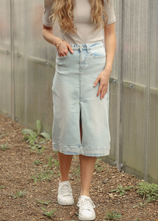 Light Wash High-Rise Denim Midi Skirt - FINAL SALE