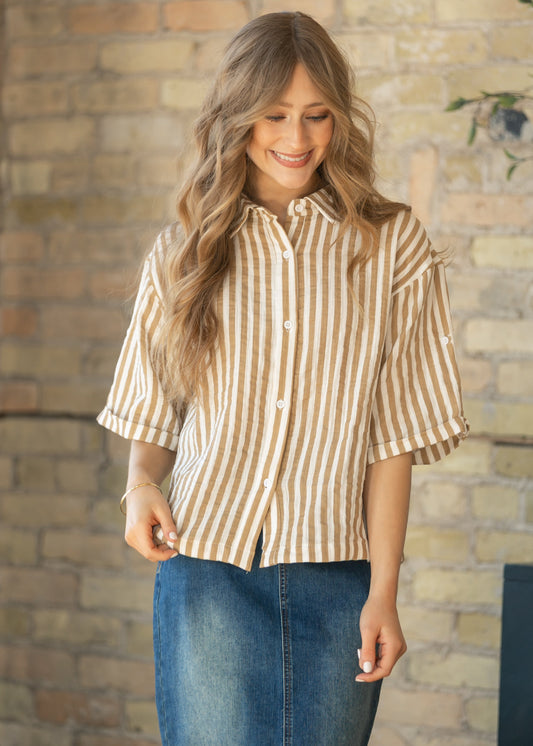 Marlaina Cotton Gauze Striped Button Up Top - FINAL SALE