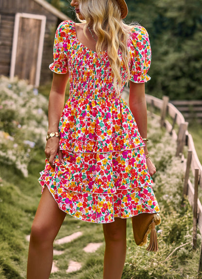 MOMENT IN DAISY SMOCKED MINI DRESS - RED