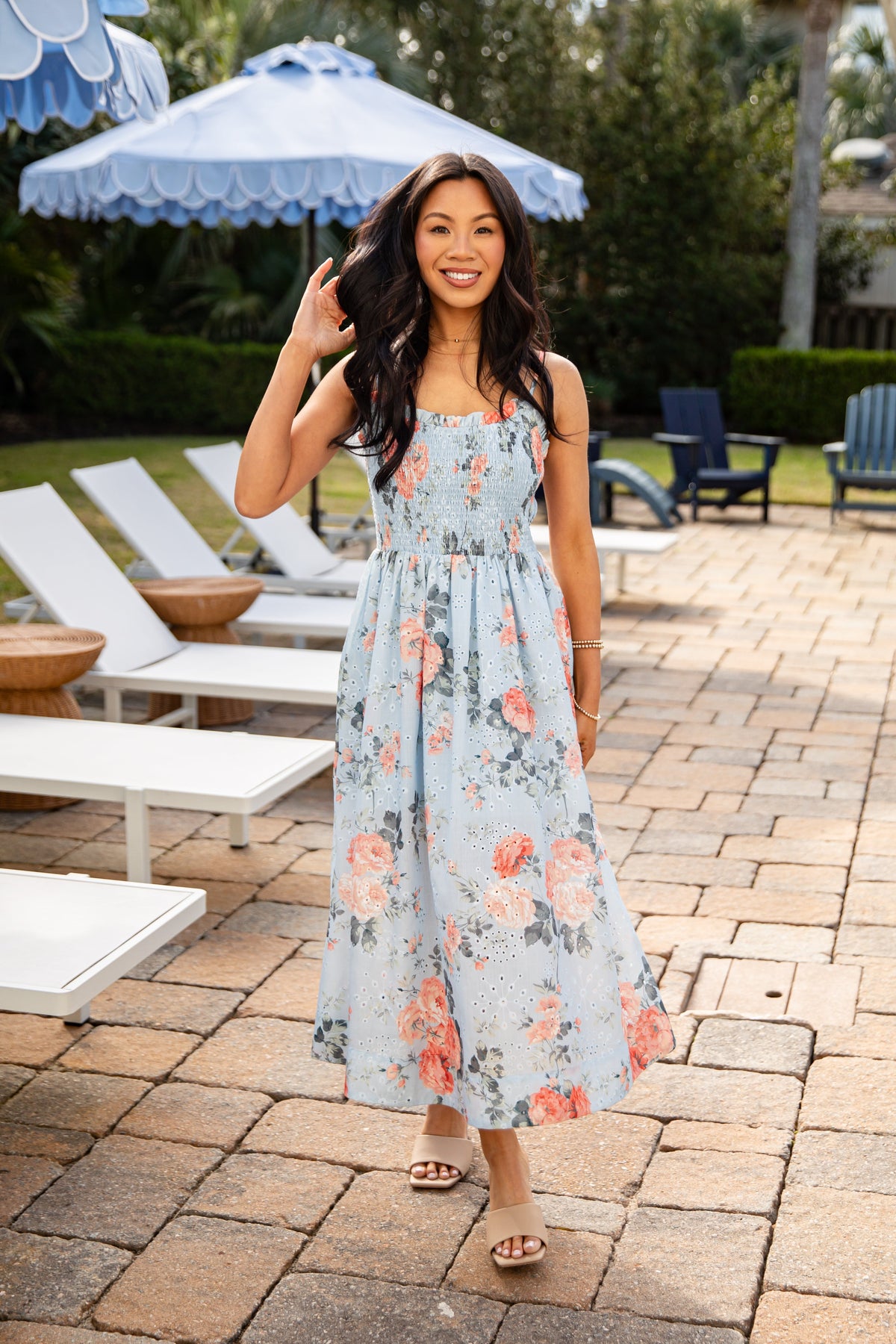 FINAL SALE - Calm And Composed Blue Floral Smocked Midi Dress