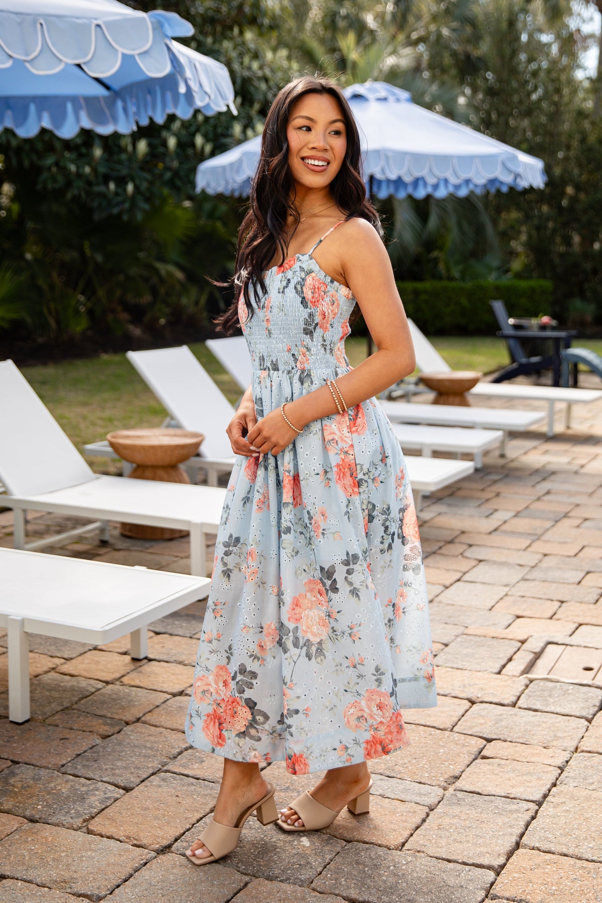FINAL SALE - Calm And Composed Blue Floral Smocked Midi Dress