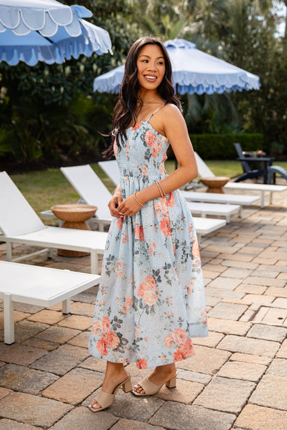 FINAL SALE - Calm And Composed Blue Floral Smocked Midi Dress