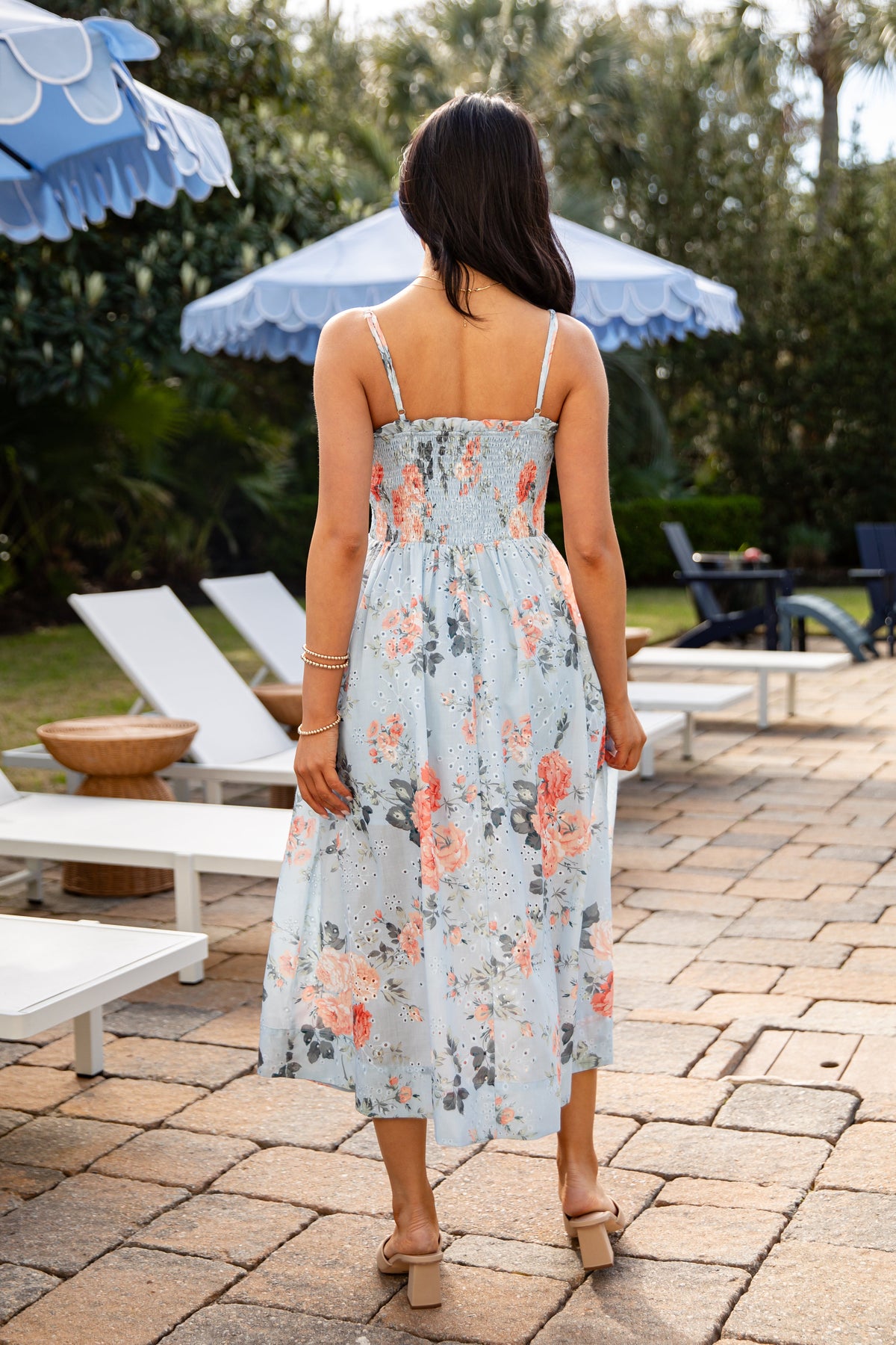 FINAL SALE - Calm And Composed Blue Floral Smocked Midi Dress