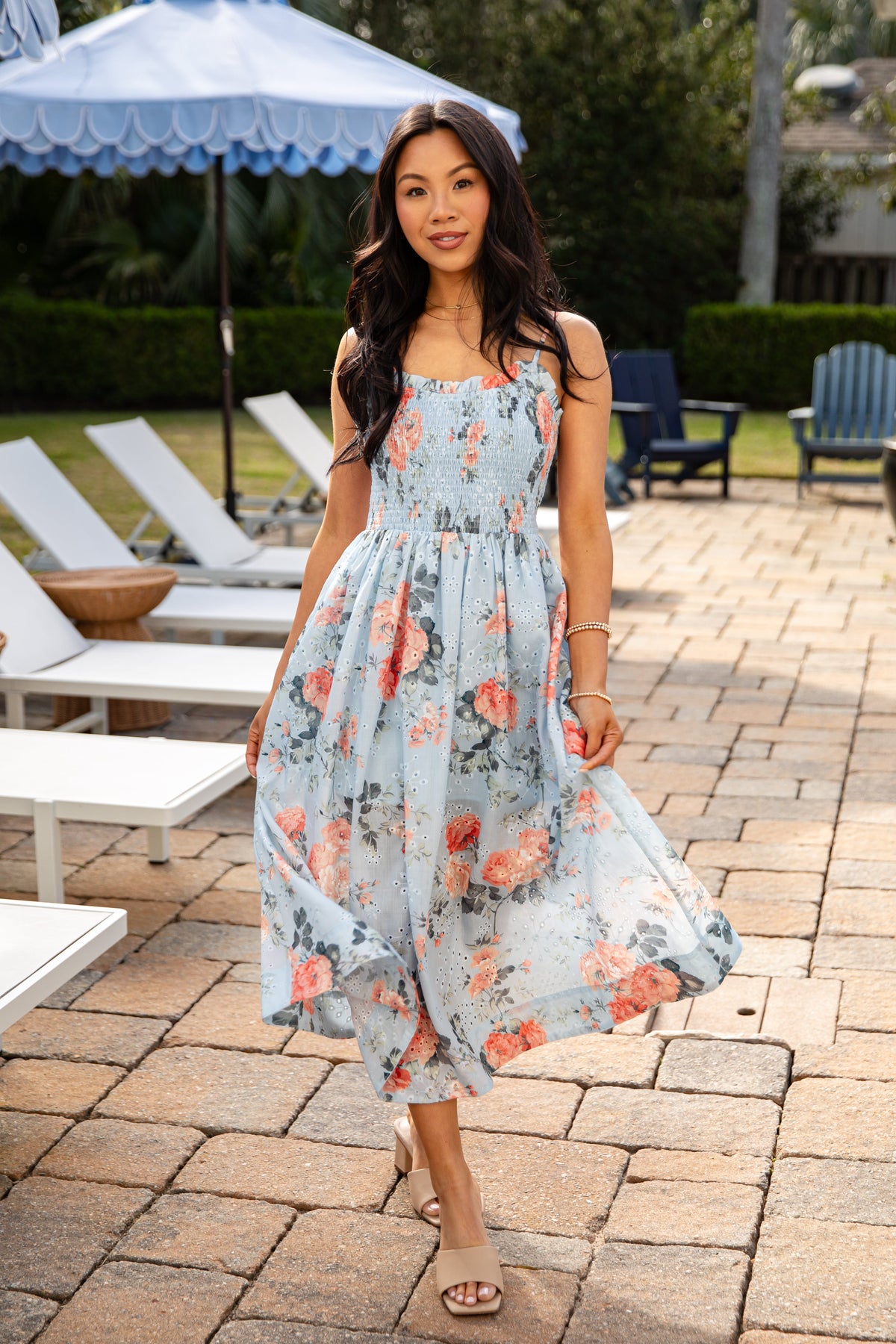 FINAL SALE - Calm And Composed Blue Floral Smocked Midi Dress