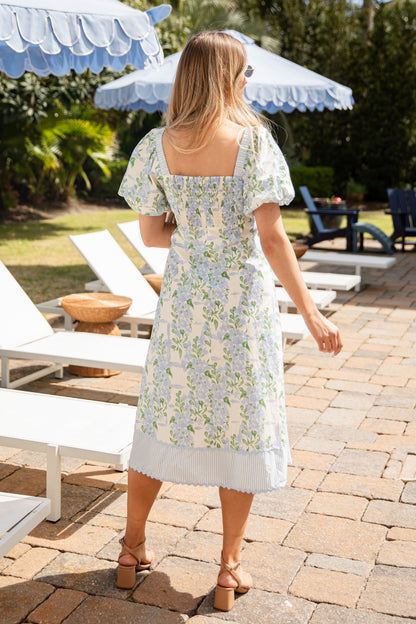 Watercolor Petals Blue Floral Puff Sleeve Maxi Dress