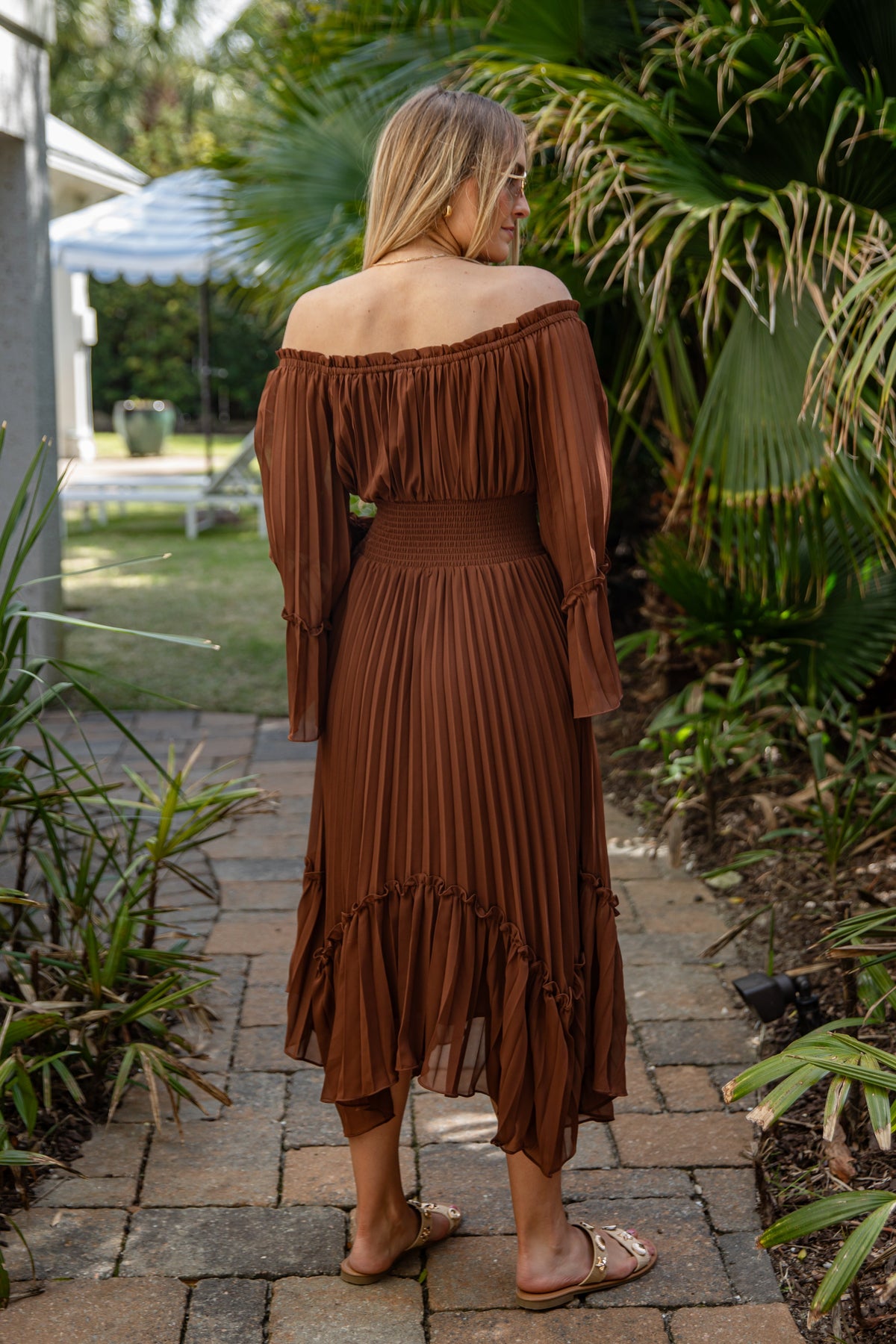Elegant Charm Pleated Brown Maxi Dress