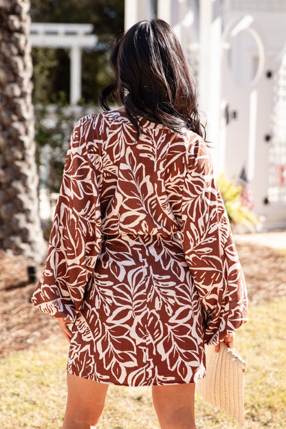 FINAL SALE - Wandering Heart Brown Print Wrap Mini Dress