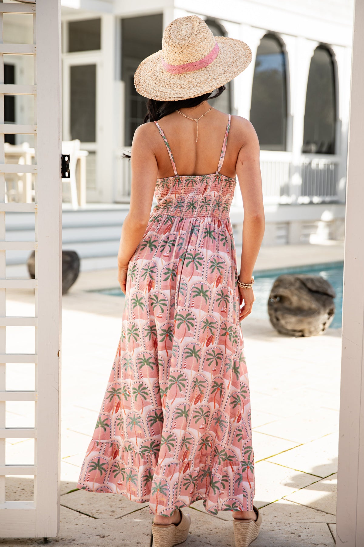 FINAL SALE - Sunset Palm Coral Print Midi Dress