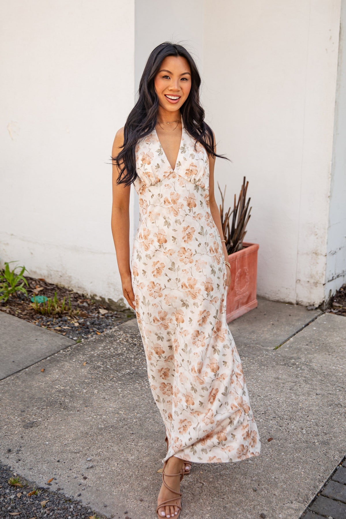 FINAL SALE - Blush Petals Cream Floral Halter Maxi Dress