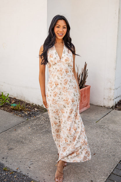 FINAL SALE - Blush Petals Cream Floral Halter Maxi Dress