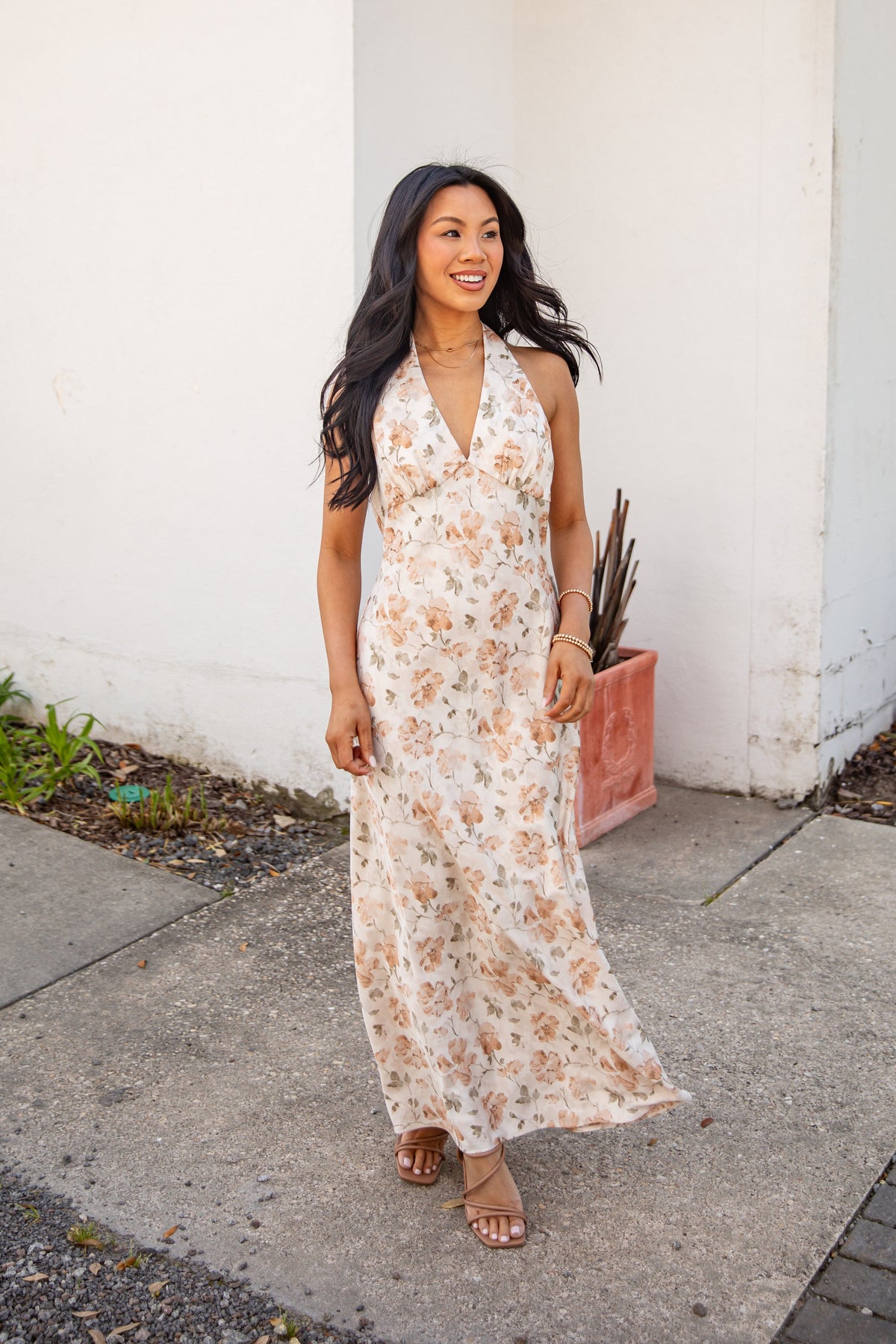 FINAL SALE - Blush Petals Cream Floral Halter Maxi Dress