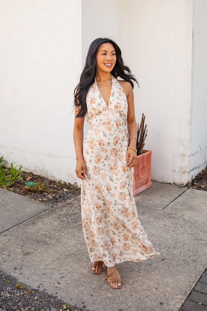 FINAL SALE - Blush Petals Cream Floral Halter Maxi Dress