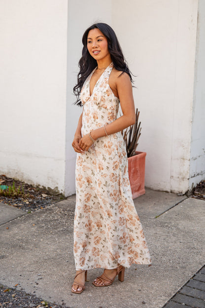 FINAL SALE - Blush Petals Cream Floral Halter Maxi Dress