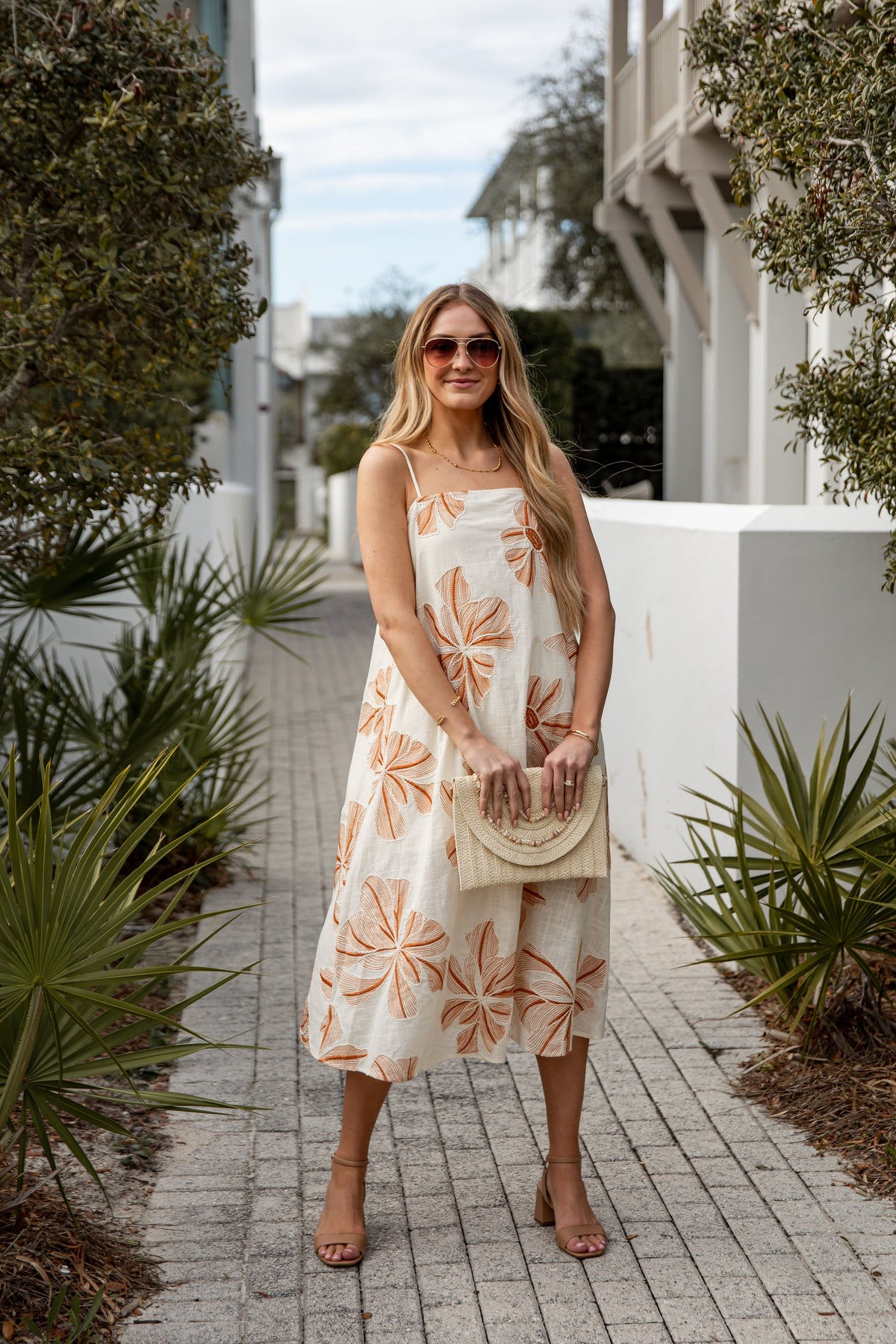 FINAL SALE - Tropical Destination Embroidered Floral Linen Midi Dress
