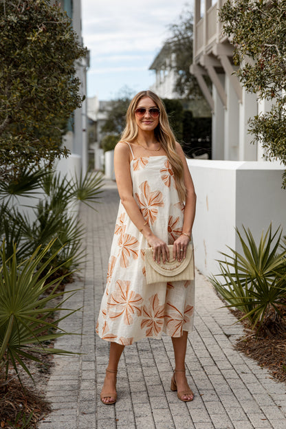 FINAL SALE - Tropical Destination Embroidered Floral Linen Midi Dress