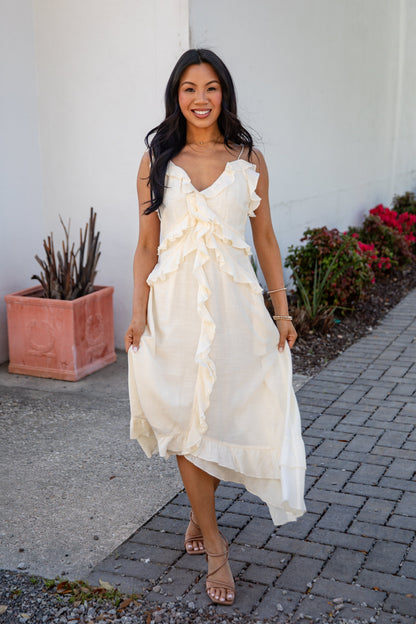 FINAL SALE - Always Invited Cream Ruffle Midi Dress