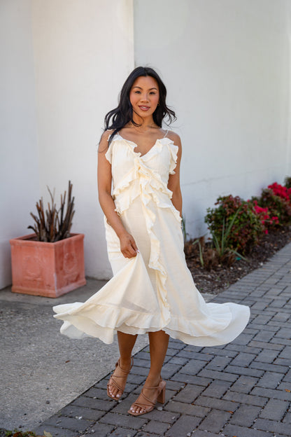 FINAL SALE - Always Invited Cream Ruffle Midi Dress