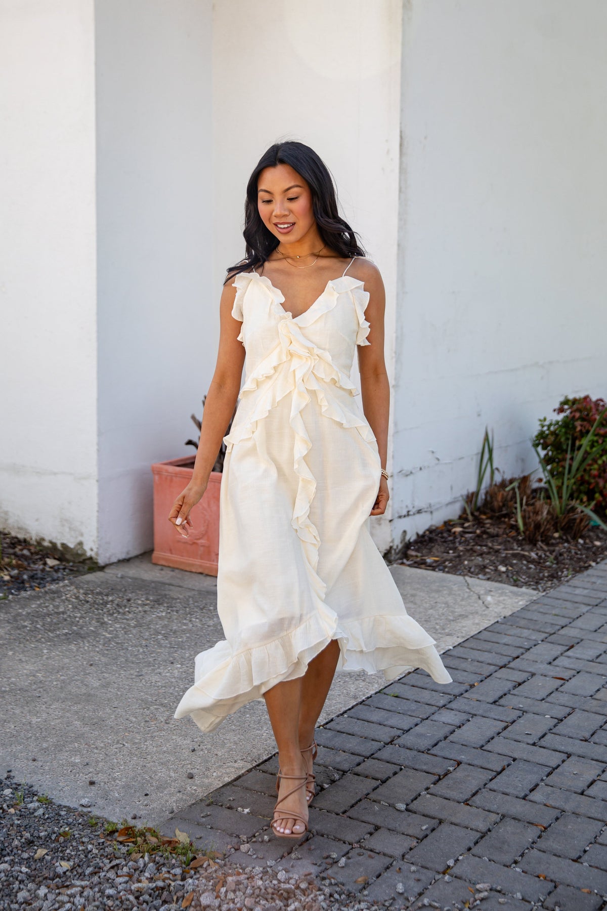 FINAL SALE - Always Invited Cream Ruffle Midi Dress