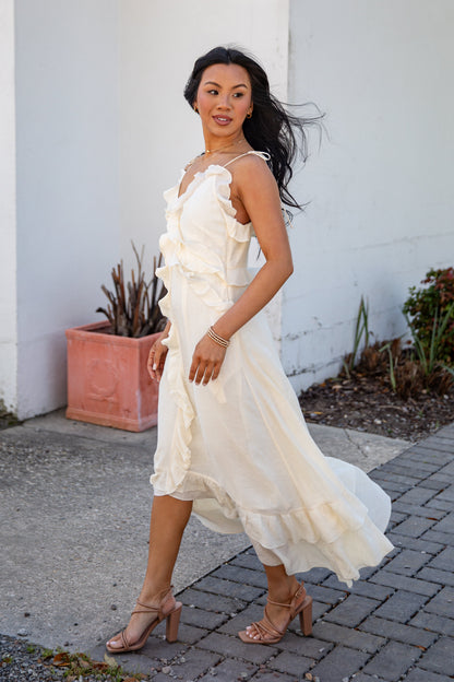 FINAL SALE - Always Invited Cream Ruffle Midi Dress