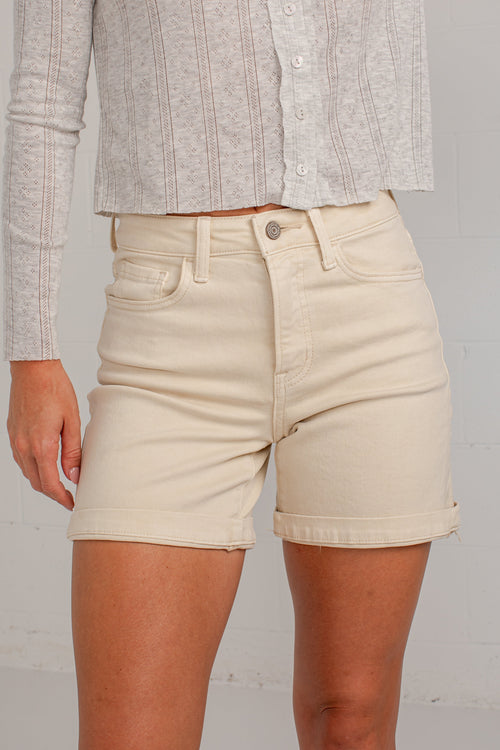 FINAL SALE - Loretta Khaki High-Rise Midi Denim Shorts