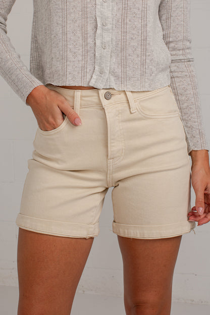 FINAL SALE - Loretta Khaki High-Rise Midi Denim Shorts