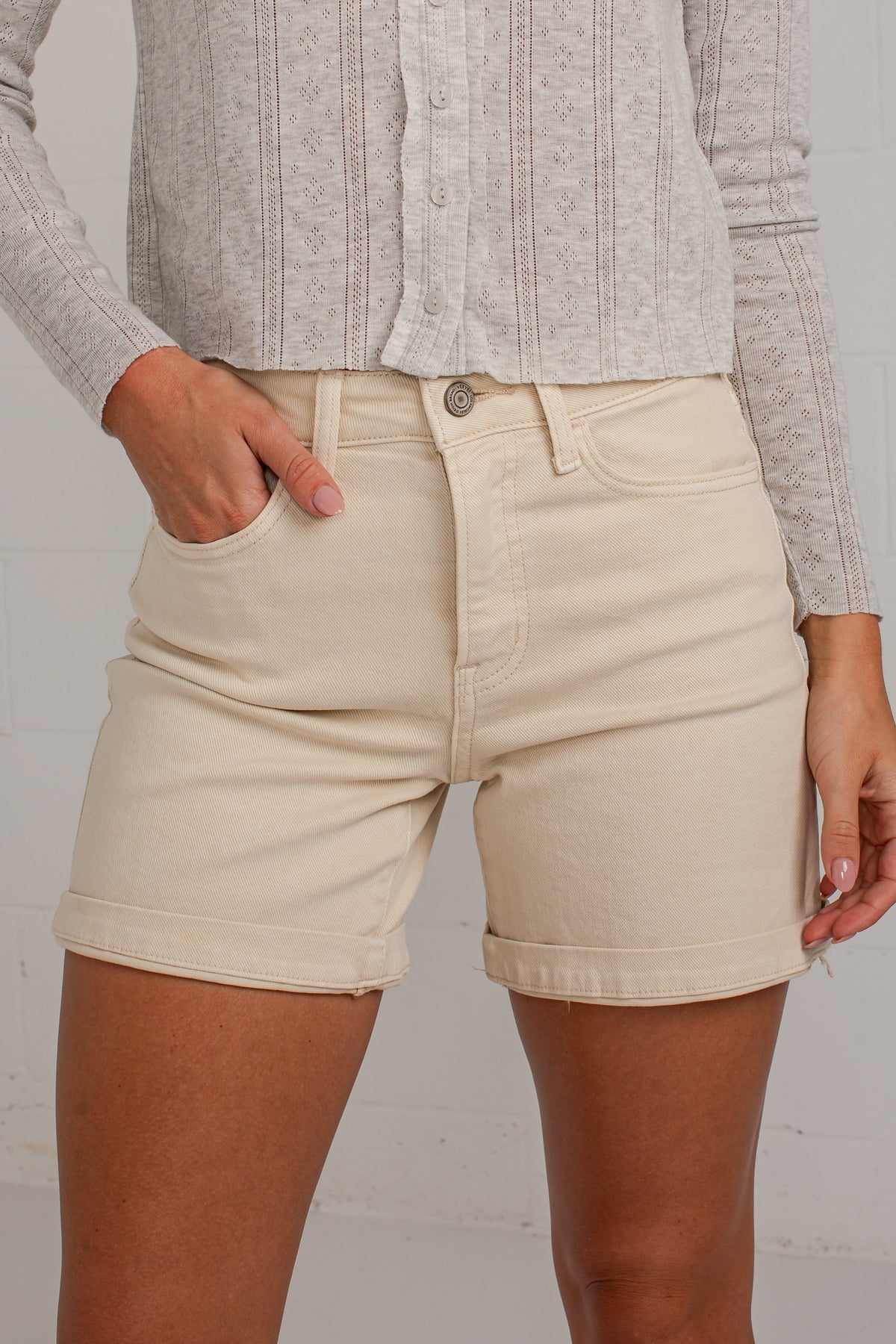 FINAL SALE - Loretta Khaki High-Rise Midi Denim Shorts