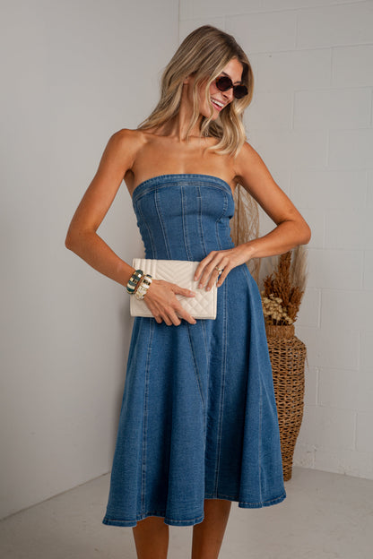 Perfectly Blue Denim Pleated Midi Dress