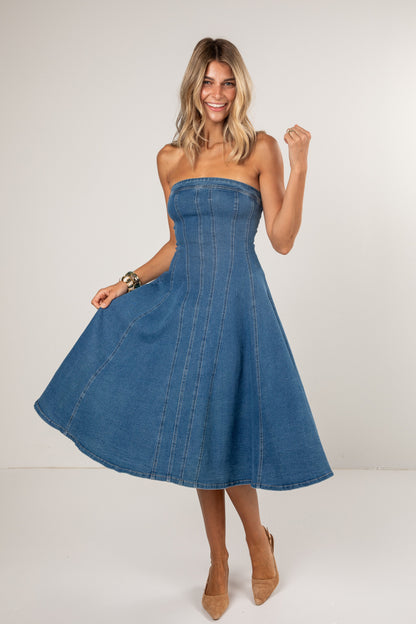 Perfectly Blue Denim Pleated Midi Dress