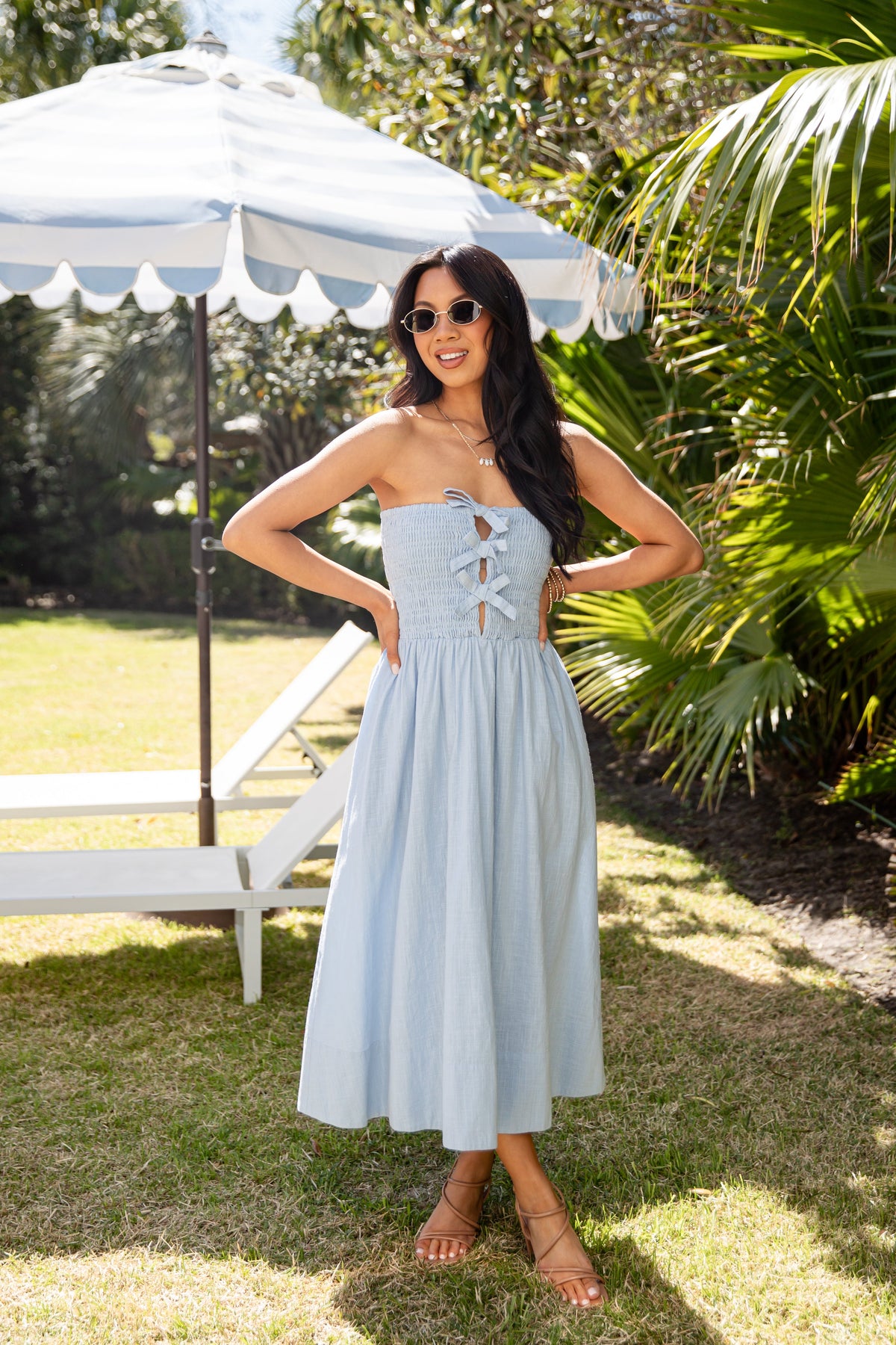 FINAL SALE - Thinking Of You Light Blue Bow Detail Smocked Midi Dress