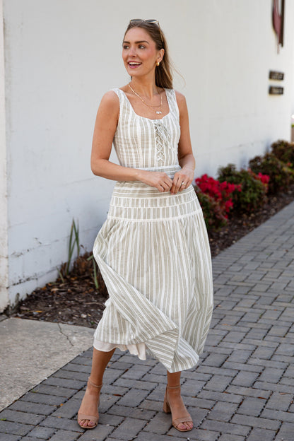 FINAL SALE - Seaside Stroll Striped Olive Maxi Dress
