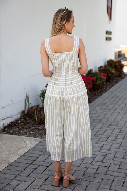 FINAL SALE - Seaside Stroll Striped Olive Maxi Dress