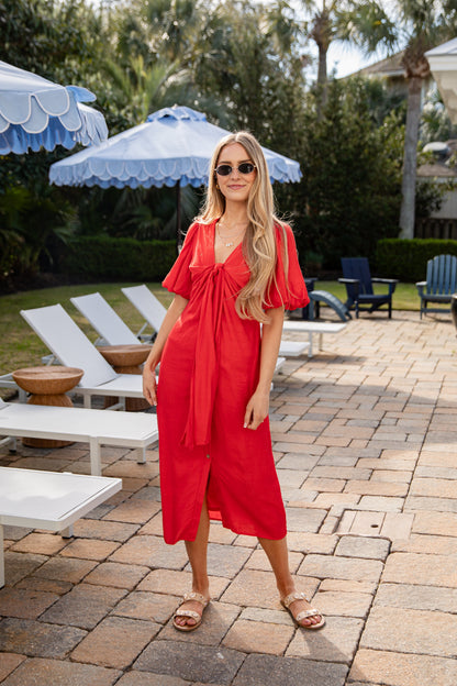 Falling For You Red Puff Sleeve Midi Dress